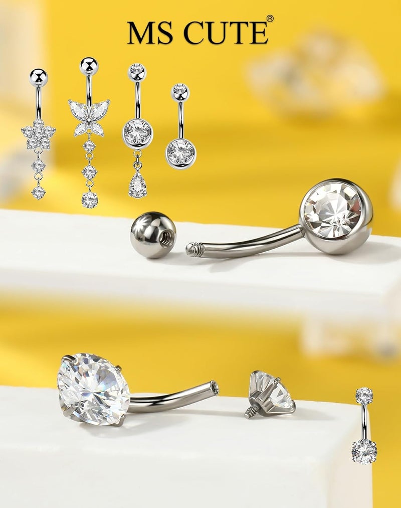 MS CUTE 5PCS Belly Button Rings for Women 14G Dangle Navel Piercing Jewelry Set Surgical Stainless Steel Body Jewelry with CZ Butterfly Flower Teardrop Barbell for Beach Festival Daily - Image 3